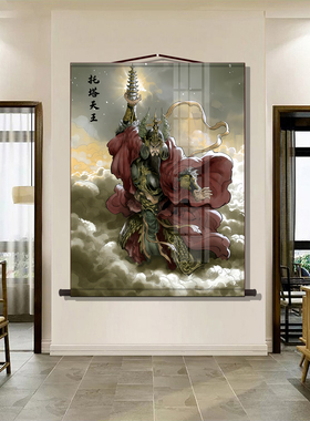 托塔李天王画像挂画客厅书房办公室装饰画托塔天王李靖丝绸卷轴画