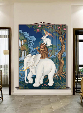 和气四瑞图挂画藏式客厅装饰画卧室墙壁画吉祥大象猴子玄关卷轴画