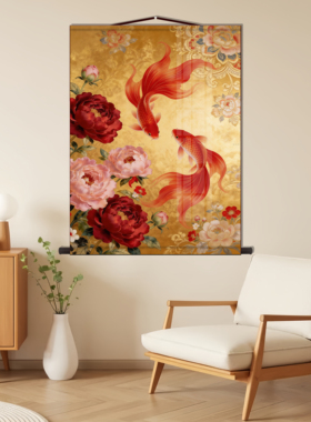 牡丹双鱼富贵有余卷轴挂画花开富贵红锦鲤丝绸装饰画客厅玄关画轴