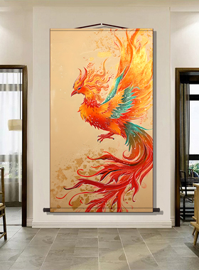 现代中式轻奢风客厅装饰画红色火凤凰寓意入户玄关走廊挂画餐厅画