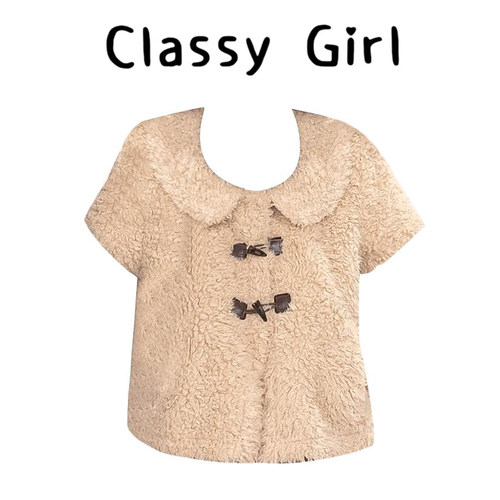 Classy girl 杏色甜美娃娃领羊羔毛马甲女冬季短款减龄叠穿外套 - 图1