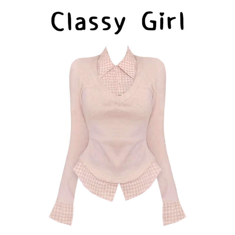甜美温柔格子polo领假两件内搭打底衫女秋季百搭修身收腰长袖T恤,淘宝优惠券,粉丝福利购,淘宝优惠卷