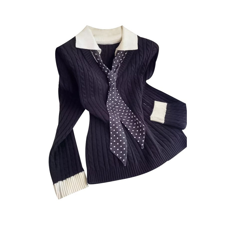 韩系设计感黑色拼色假两件波点领带长袖针织衫女绝美内搭毛衣上衣,淘宝优惠券,粉丝福利购,淘宝优惠卷