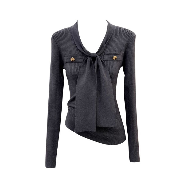 设计感v领长袖针织衫女2026早春新款收腰内搭打底衫灰色上衣毛衣,淘宝优惠券,粉丝福利购,淘宝优惠卷