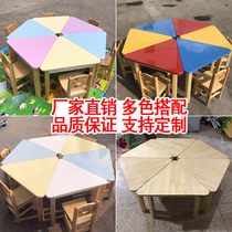 Kindergarten Children Triangle Table Adjustable color solid wood hexagonal dining table and chairs Safe Customized