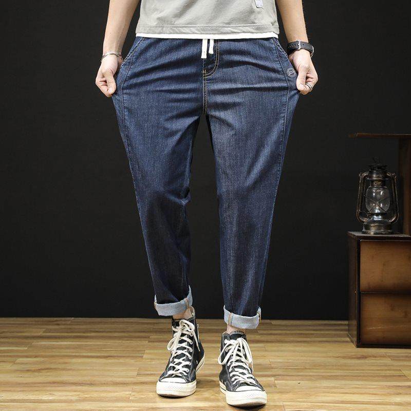 夏季超薄天丝牛仔裤男薄款胖子松紧腰拉链加肥加大码冰氧吧九分裤,淘宝优惠券,粉丝福利购,淘宝优惠卷