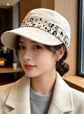复古豹纹麂皮绒鸭舌帽子女秋冬季百搭宽檐显脸小渔夫帽保暖马术帽