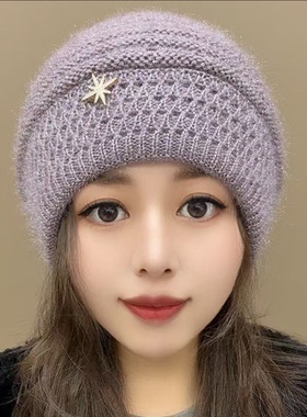 冬季新款针织帽子时尚潮流中年女帽双层加厚保暖妈妈洋气毛线帽女