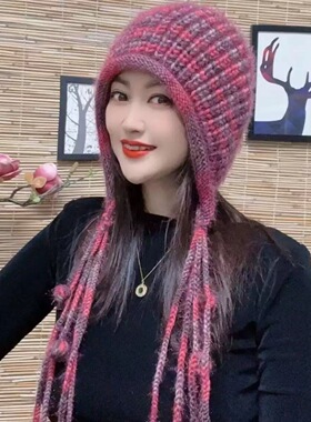 秋冬季手工毛线帽帽子流苏彩虹针织新款绑带保暖护耳头帽包头帽