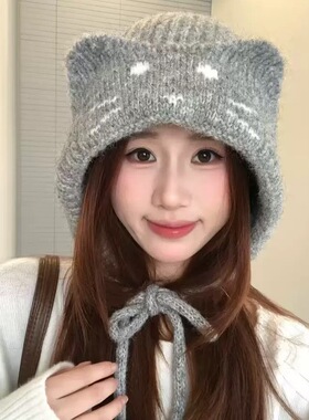 可爱猫耳系带帽子女款秋冬季新款防寒护耳保暖针织帽显脸小套头帽
