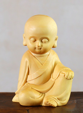 黄杨木雕刻小和尚摆件新中式禅意家居饰品木质茶宠人物摆设小沙弥