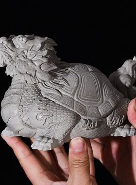 中式招财龙龟鱼缸造景装饰品创意青砂石书房桌面瑞兽玄武石雕摆件