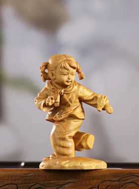 黄杨木雕童趣摆件木质中式家居装饰品金童玉女男孩女孩人物收藏