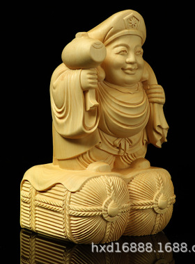 厂家黄杨木雕大黑天七福神财神佛像家居饰品木质摆件手把件