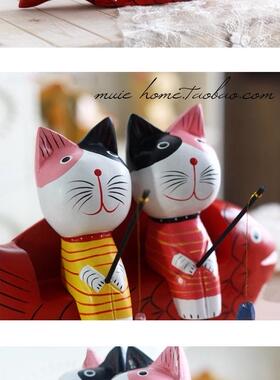 北欧原木巴厘岛手工雕刻木猫钓鱼猫 情侣家居工艺品摆设 动物摆件