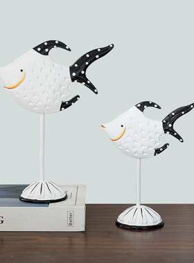 地中海风格家居饰品木质对鱼摆件做旧亲嘴鱼餐厅桌面电视机柜摆设