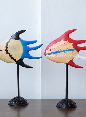 地中海家居装饰品彩绘木质对鱼摆件家居客厅餐厅桌面电视机柜摆设