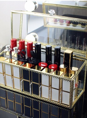INS轻奢带盖玻璃口红收纳盒展示架多格化妆品防尘唇釉唇膏置物架
