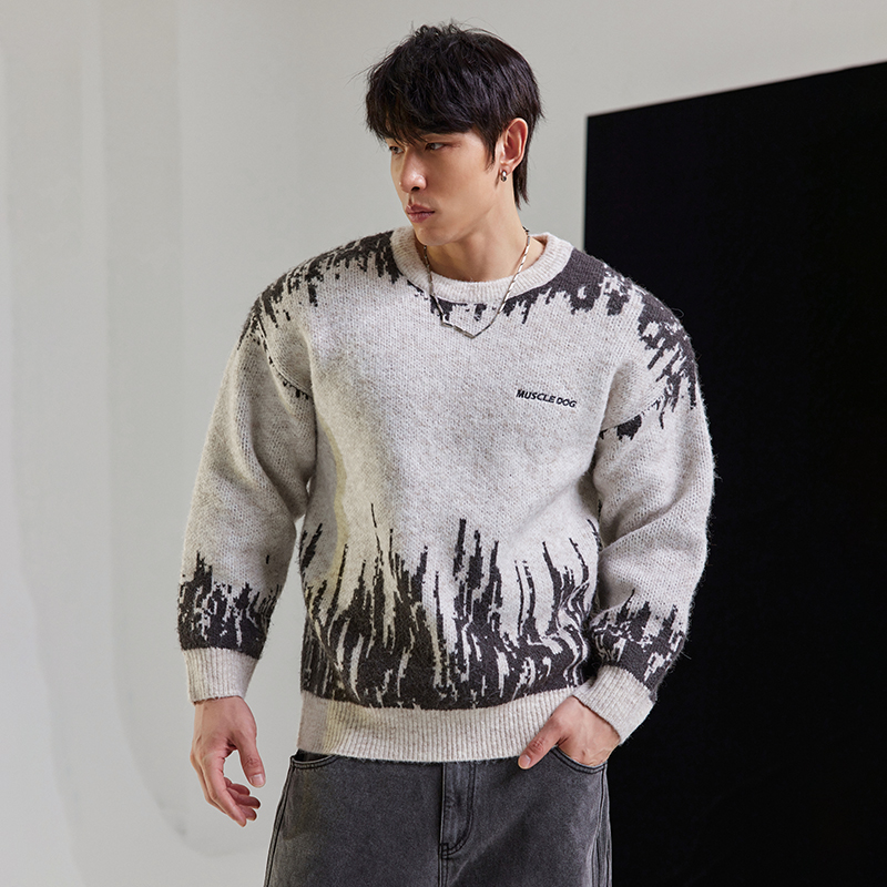 肌肉狗美式潮流毛衣男冬季新款提花纹理圆领套头休闲宽松针织上衣 - 图1