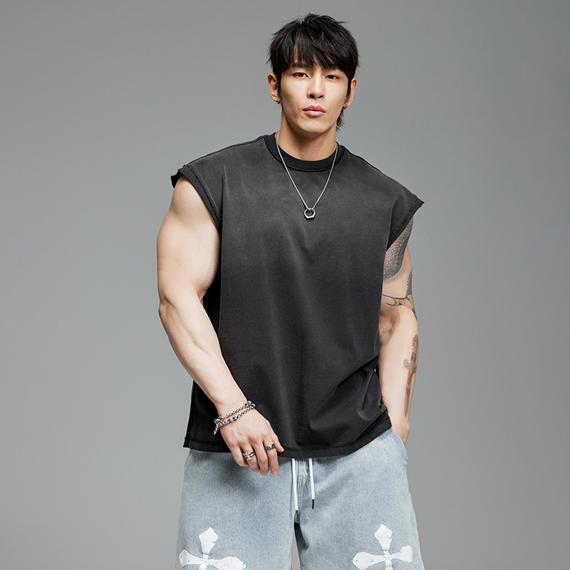 肌肉狗 运动健身背心男宽肩美式渐变夏季洗水复古宽松休闲训练服 - 图3