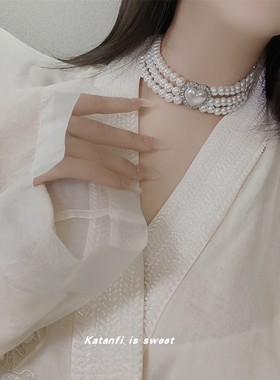 锆石珍珠女爱心项链复古宫廷甜美
