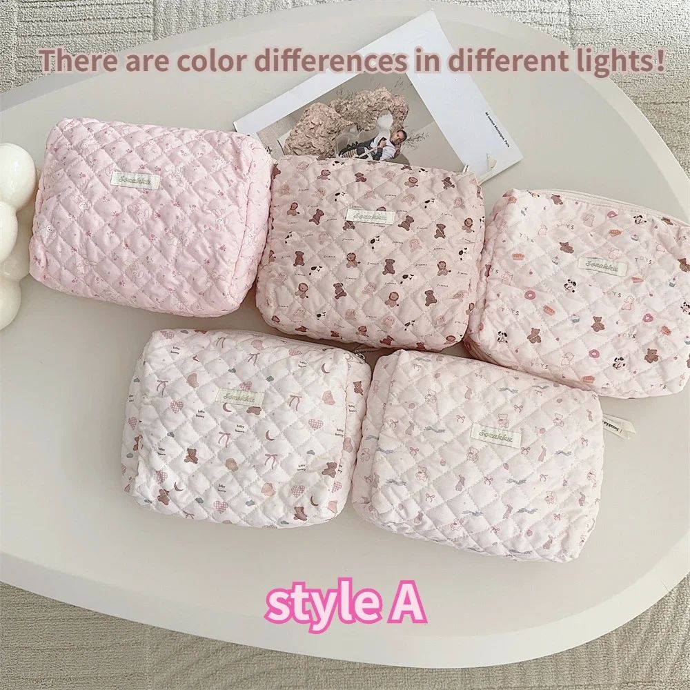 Cute Pink Women's Cosmetic Bag Make Up Case Quilted Cotton T - 图2