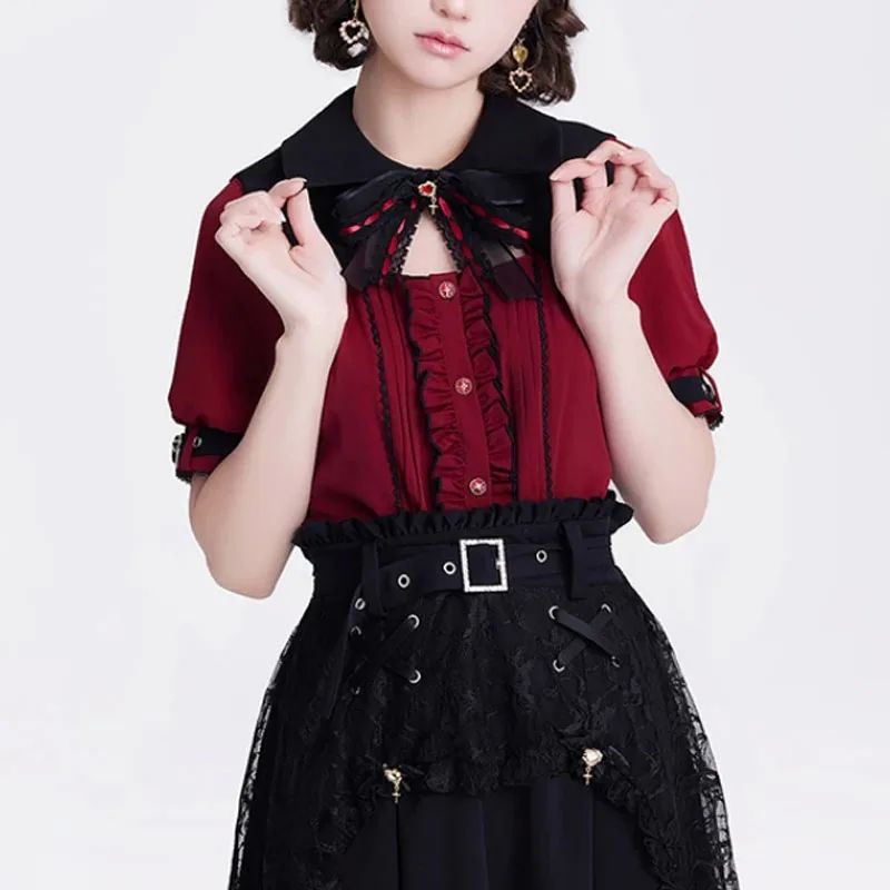 Gothic Lolita Shirt Women Harajuku Bat Lace Collar Black Red - 图3