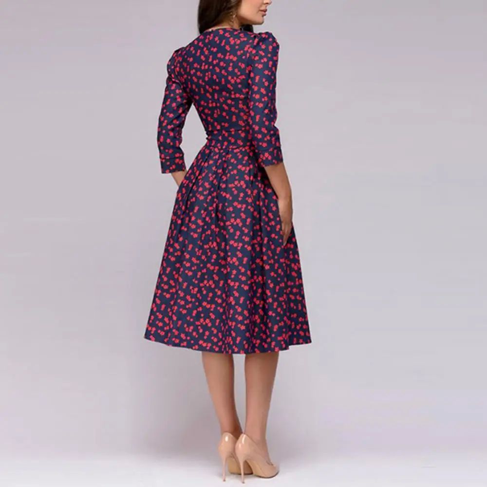 Women Elegant A-line Midi Dress Vintage Printing Party Vesti - 图3