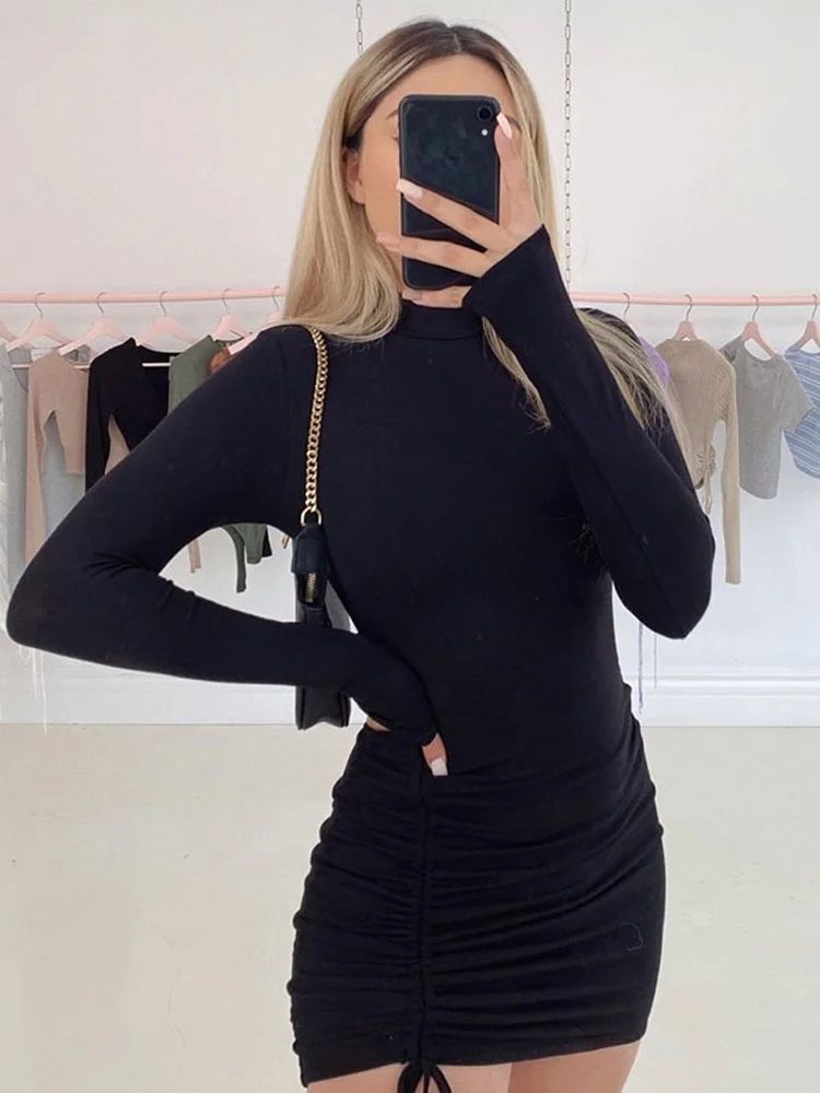 Long Sleeve Ruched Bodycon Dress Women Turtleneck Bandage Mi - 图2