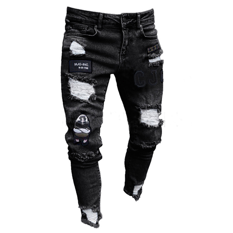 3 Styles Men Stretchy Ripped Skinny Biker Embroidery Print J - 图2