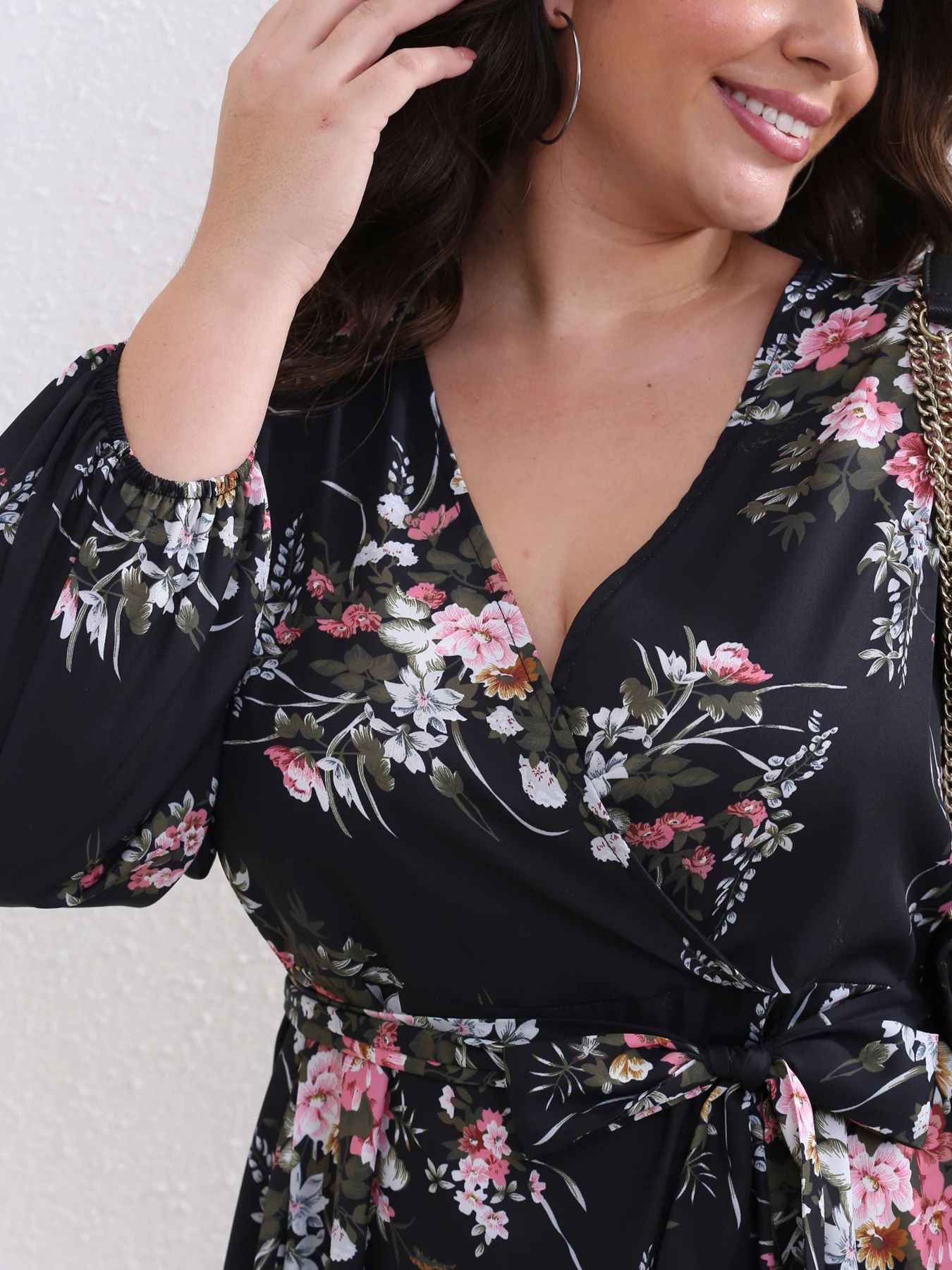 Plus Size Women Flower Print Chiffon Sexy V Neck  Out Long S - 图3