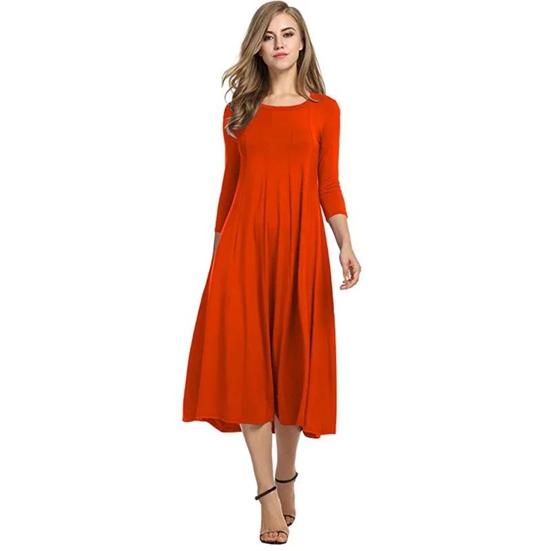 Plus Size Women Long Dress Round Neck Solid Color Frock Casu - 图0