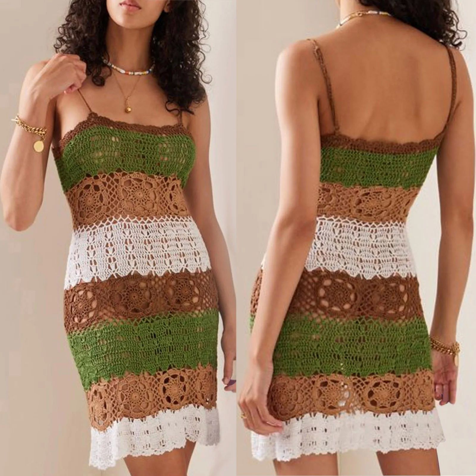 Holiday Beach Dress Sexy Solid Color Color Matching Knitted - 图2