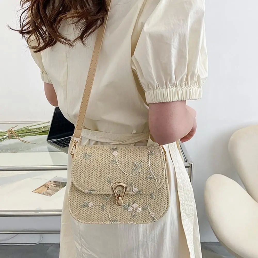 Fashion Flower Woven Saddle Bag Women Cute Straw Shoulder Ba - 图0