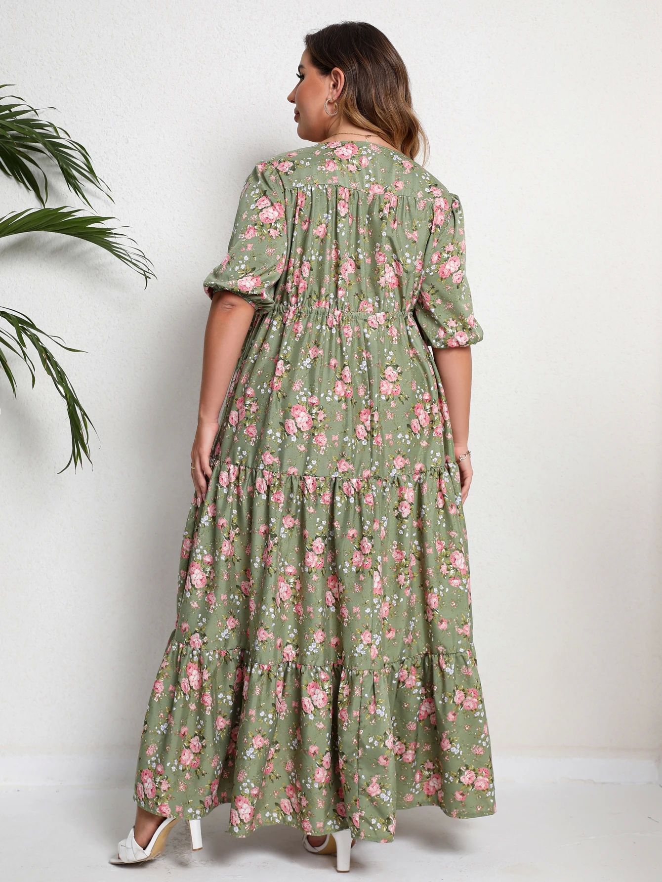 Plus Size Floral Print Half Sleeve Split Hem Maxi V Neck Lon - 图1