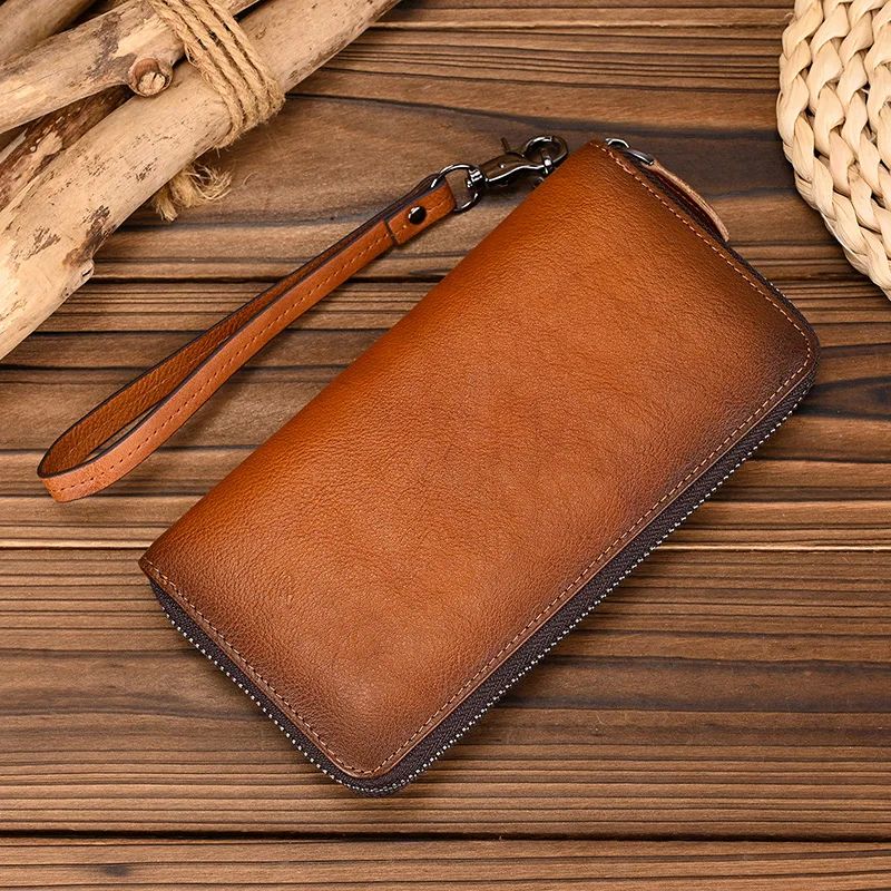 Retro Genuine Leather Long Purse Cash Phone Multi Card Holde - 图1