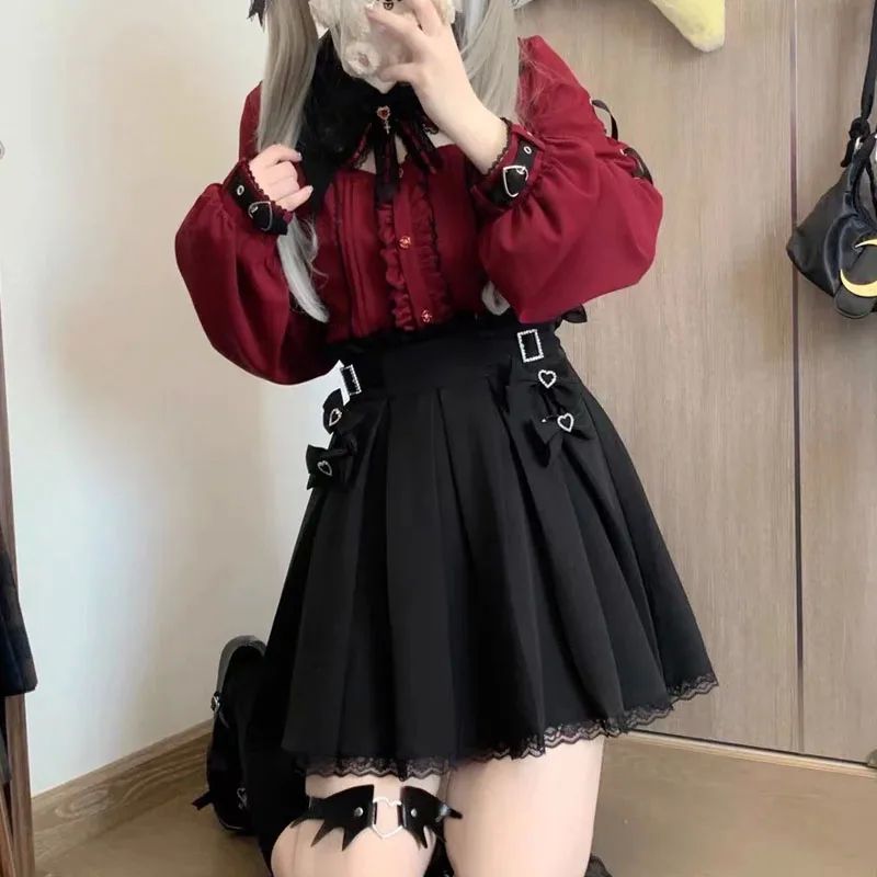 Gothic Lolita Shirt Women Harajuku Bat Lace Collar Black Red - 图0