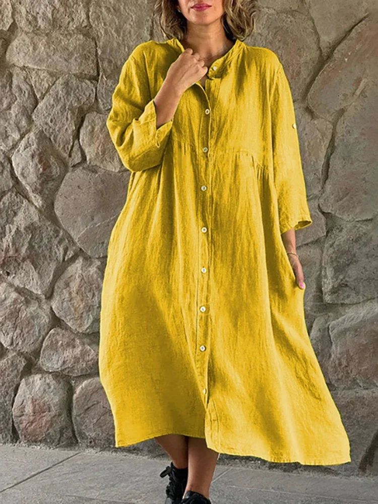 Women Causal Cotton Linen Dress Fashion Loose Button Up Long-图2