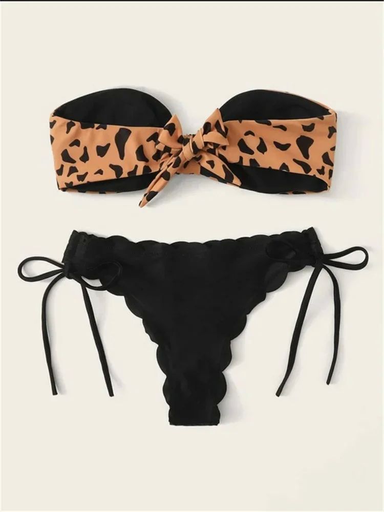 Beach Bikini 2024 Woman Sexy Front Lace Up Tie Bandeau Leopa-图1