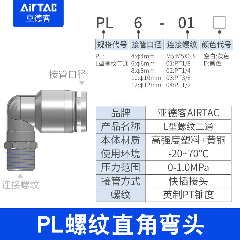 亚德客原装螺纹弯头PLL/PL4/6/8/10/12-M5-01-02-03-04mm气管接头-图0