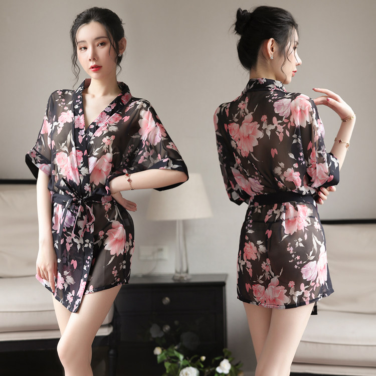 性感内衣女睡袍浴袍内衣套装薄款印花睡衣绑带三件套透明雪纺纯欲,淘宝优惠券,粉丝福利购,淘宝优惠卷