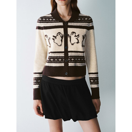 UR&DC2025冬季新款法式都市学院风趣味图案针织开衫女毛衣外套厚 - 图1