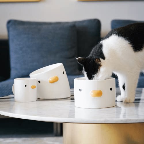 大胖商店 PURROOM小鸡陶瓷护颈猫碗防黑下巴斜口食盆防打翻水杯 - 图0