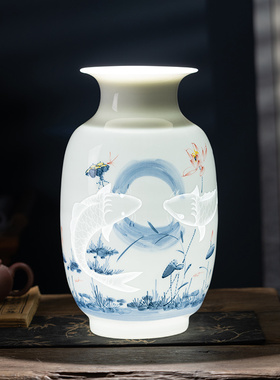 景德镇陶瓷手绘薄胎小号花瓶玲珑瓷客厅电视柜插花装饰品国风摆件
