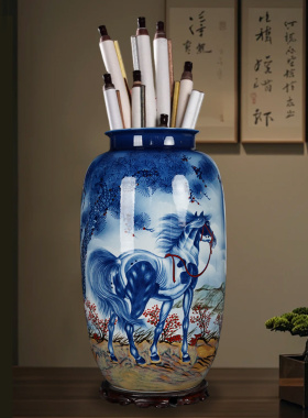 马到成功手绘大花瓶书画缸景德镇陶瓷客厅书房字画收纳桶插花摆件