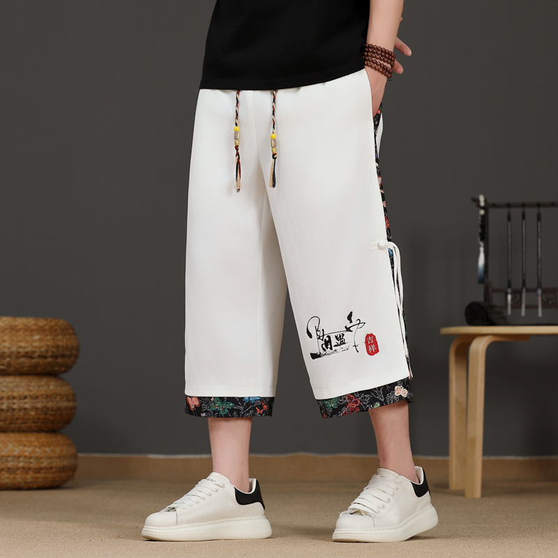 夏季休闲短裤男休闲潮流国风裤子青年男装百搭冰丝直筒沙滩七分裤