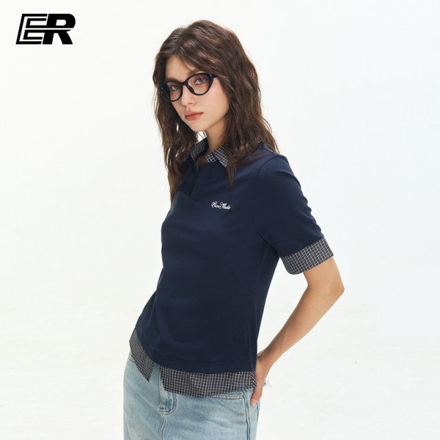ER contrasting color stitching fake two-piece short-sleeved POLO shirt T-shirt