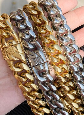 电镀18K金钛钢古巴项链大金