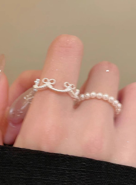 蝴蝶结皇冠珍珠戒指女小众设计感简约波浪线条食指戒日常百搭指环