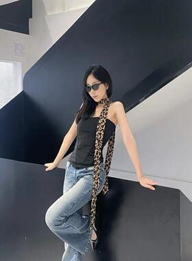 时尚豹纹细长条窄丝巾女百搭装饰小领巾长款腰带发带绑包丝带飘带